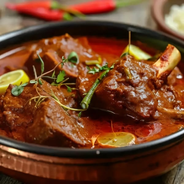 Indian lamb shank curry with lemon slices and herbs in a copper pot.