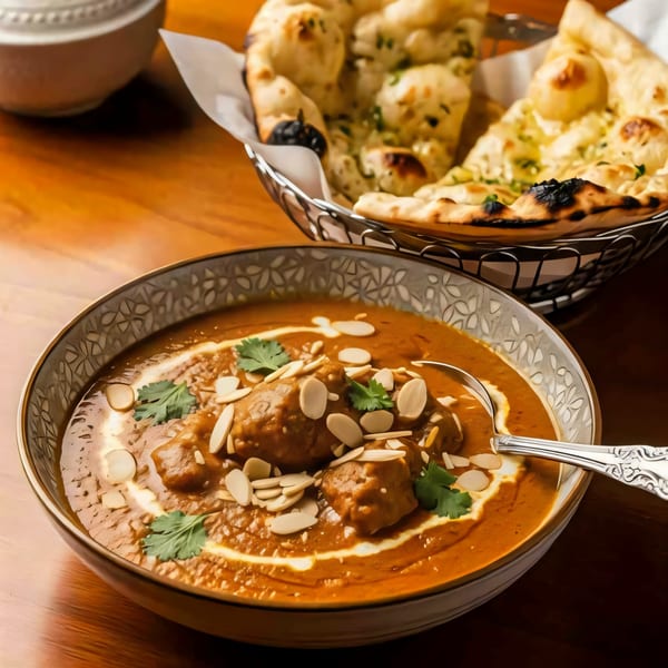 Indian butter chicken with sliced almonds and cilantro, served with a side of naan bread.
