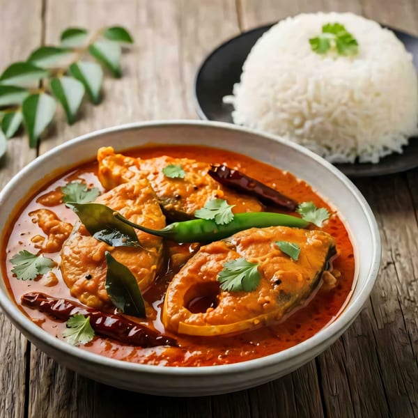 Indian fish curry with green chilies, cilantro, and curry leaves, served with white rice.
