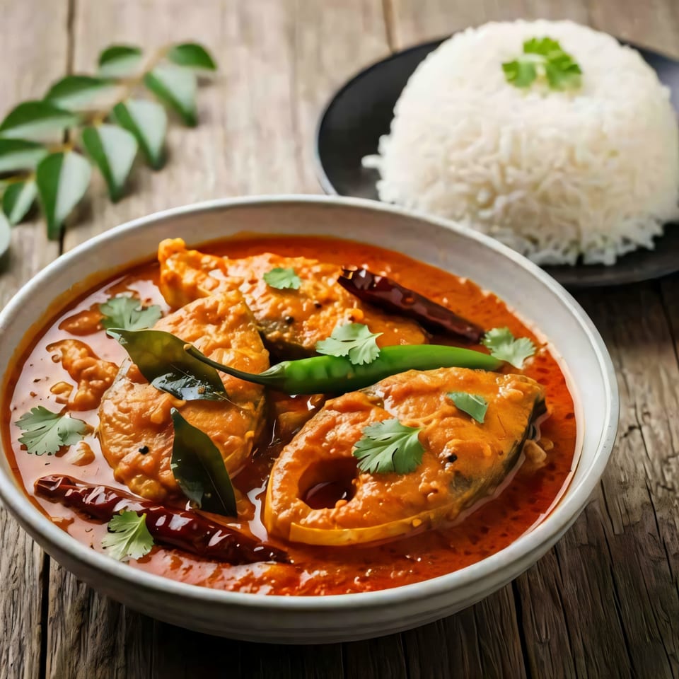 Indian fish curry with green chilies, cilantro, and curry leaves, served with white rice.