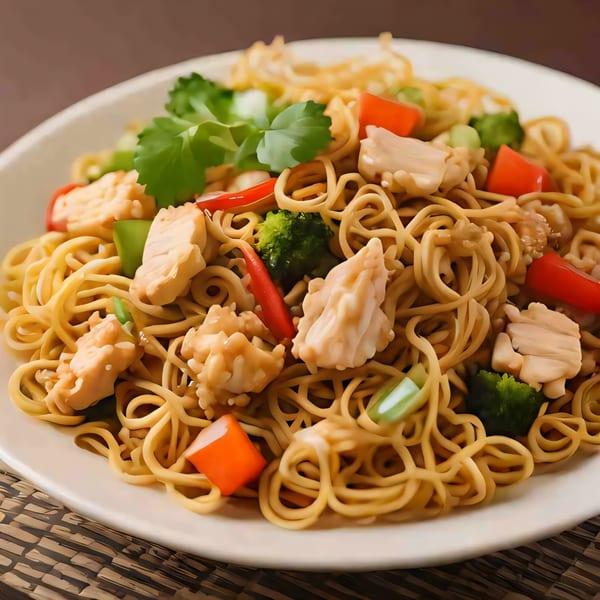 Chicken noodles with red peppers, broccoli, and cilantro on a white plate.