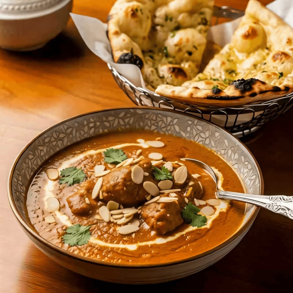 Indian curry topped with sliced almonds and cilantro, served with assorted naan breads on decorative dishes.