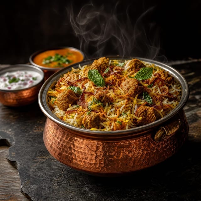 Hyderabadi Style Soy Chunks Veg Biryani.