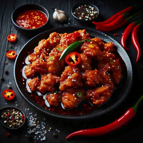 Spicy Indian chicken dish with red sauce, chili peppers, and spices on a dark background.