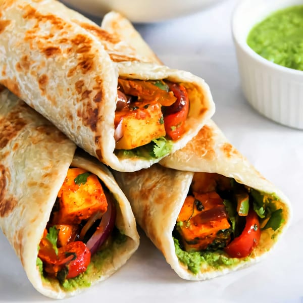 Three Indian paneer kathi rolls with green chutney, red peppers, and onions on a white surface.